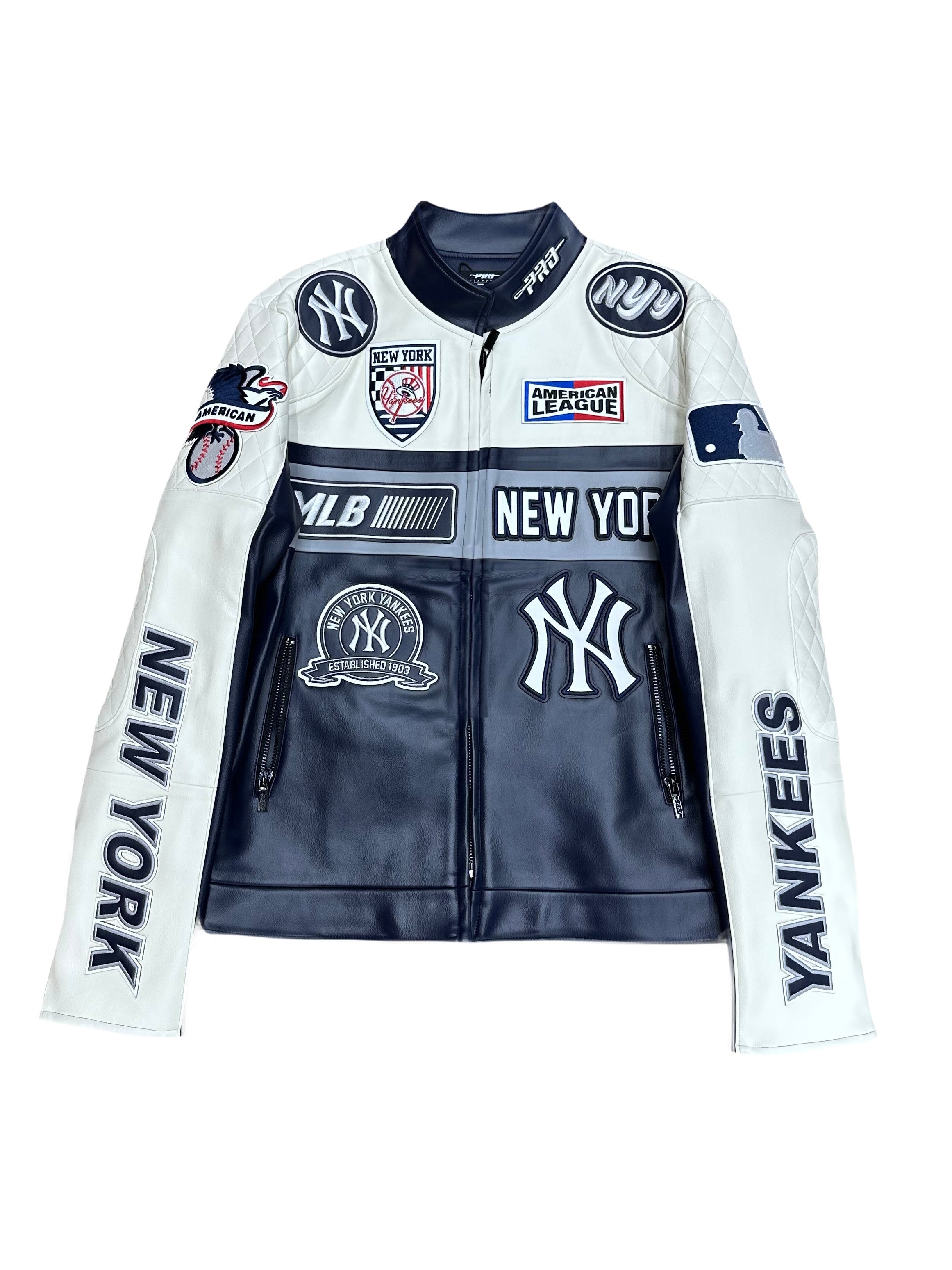 New York Yankees Cream Navy Moto Leather Jacket