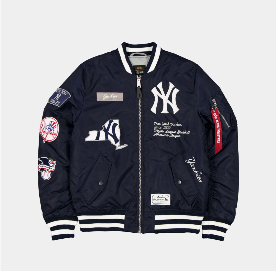 New York Yankees Navy Satin Bomber Jacket New Era X Alpha Industries 2025