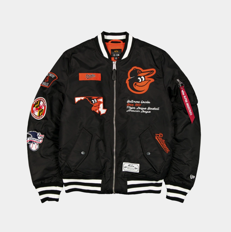 Baltimore Orioles Black Satin Bomber Jacket New Era X Alpha Industries 2025
