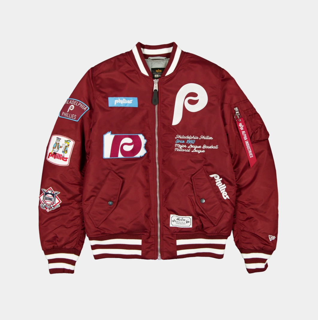 Philadelphia Phillies Burgundy Satin Bomber Jacket New Era X Alpha Industries 2025