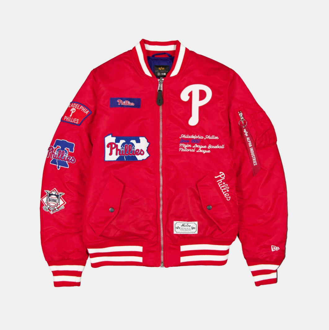 Philadelphia Phillies Red Satin Bomber Jacket New Era X Alpha Industries 2025
