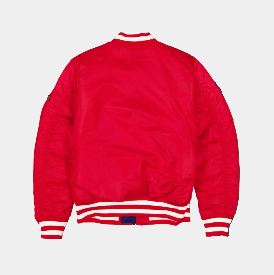 Philadelphia Phillies Red Satin Bomber Jacket New Era X Alpha Industries 2025