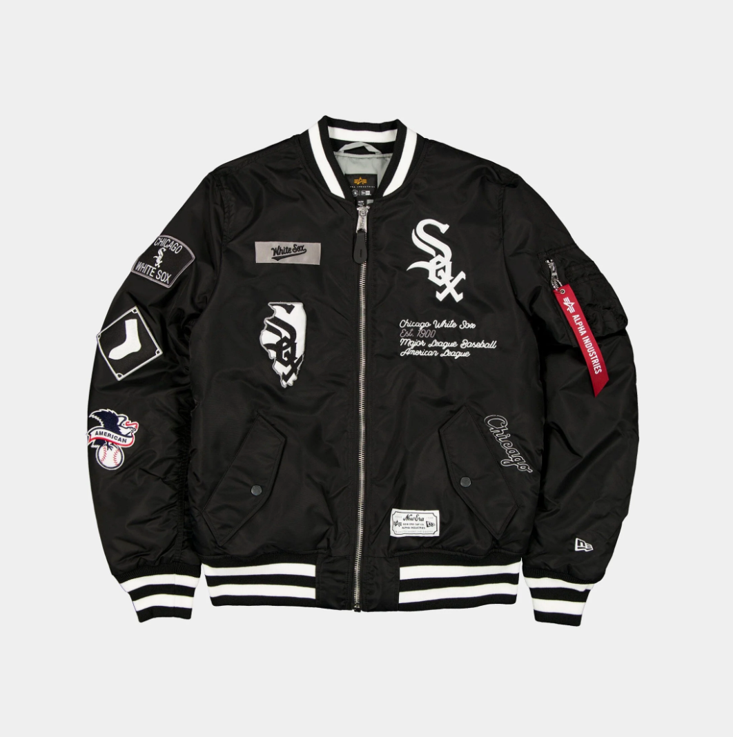 Chicago White Sox Black Satin Bomber Jacket New Era X Alpha Industries 2025