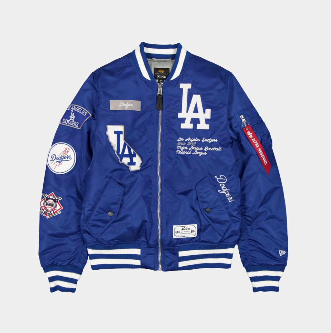 Los Angeles Dodgers Royal Blue Satin Bomber Jacket New Era X Alpha Industries 2025