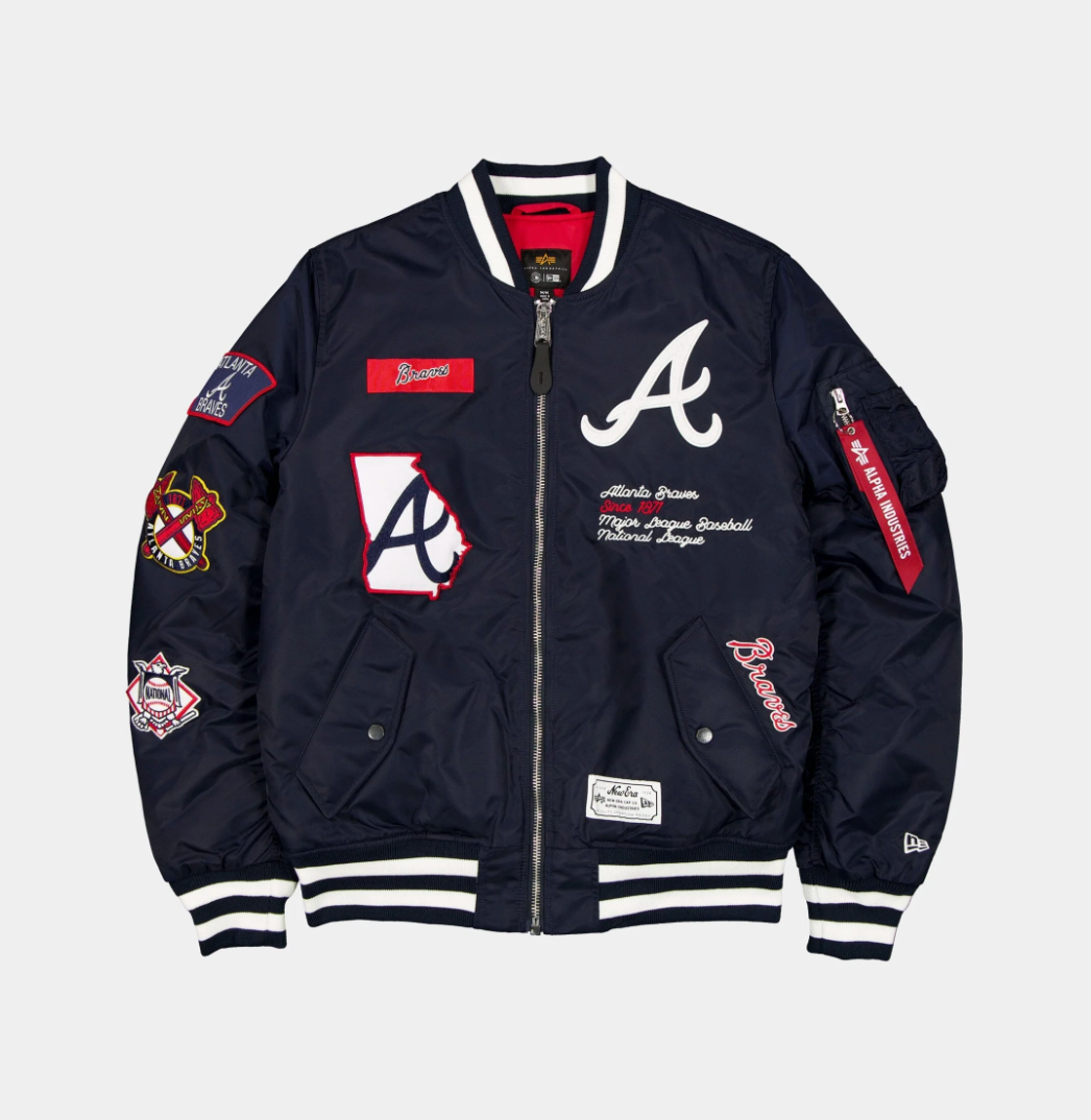 Atlanta Braves Navy Satin Bomber Jacket New Era X Alpha Industries 2025